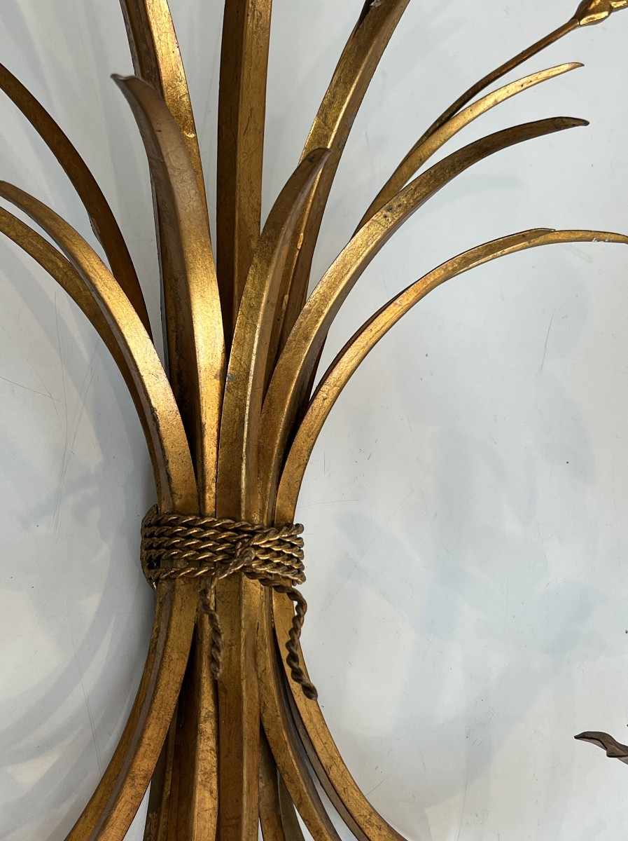 Coco Channel Large Pair Of Gilt Metal Ears Of Wheat Wall Sconces. French. Circa 1970-photo-6