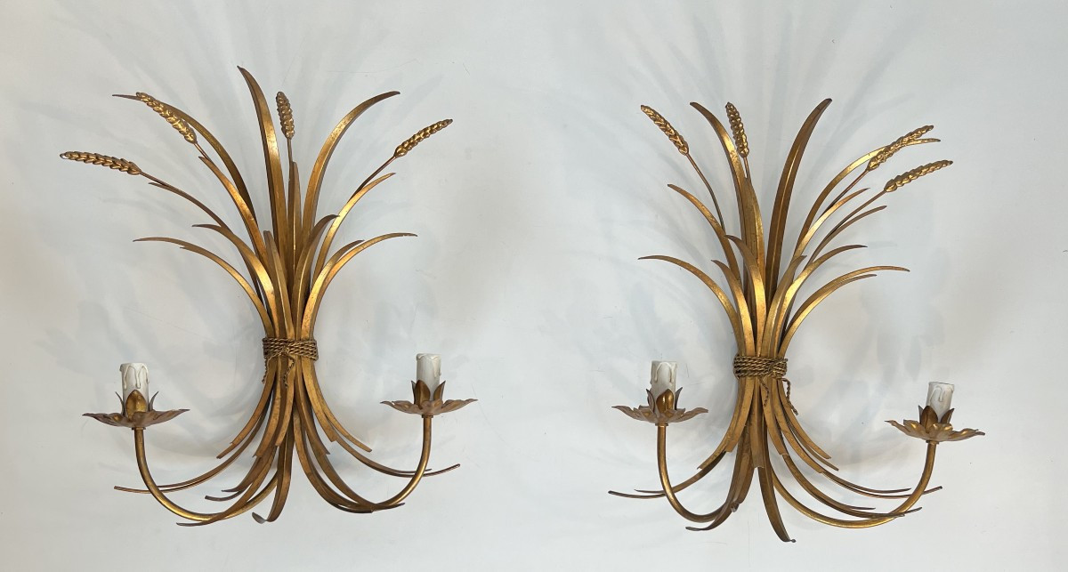 Coco Channel Large Pair Of Gilt Metal Ears Of Wheat Wall Sconces. French. Circa 1970