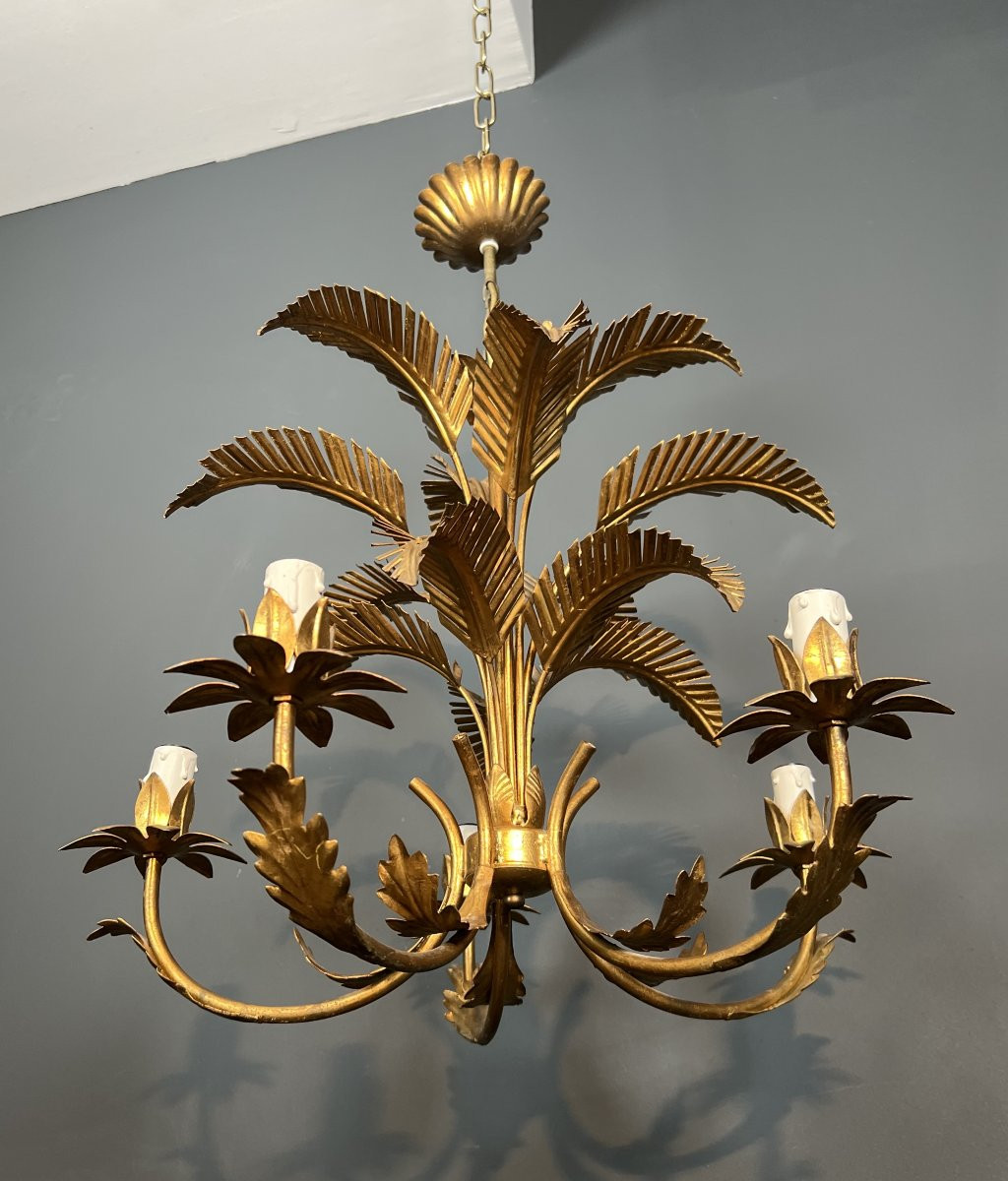 Gilt Iron Palm Tree Chandelier With 5 Arms. French Work In The Style Of Coco Chanel. -photo-4