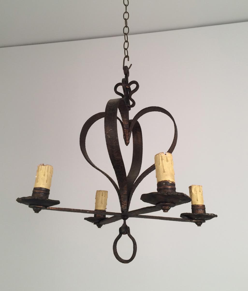 Wrought Iron Chandelier 4 Light For Hearts Around 1940.