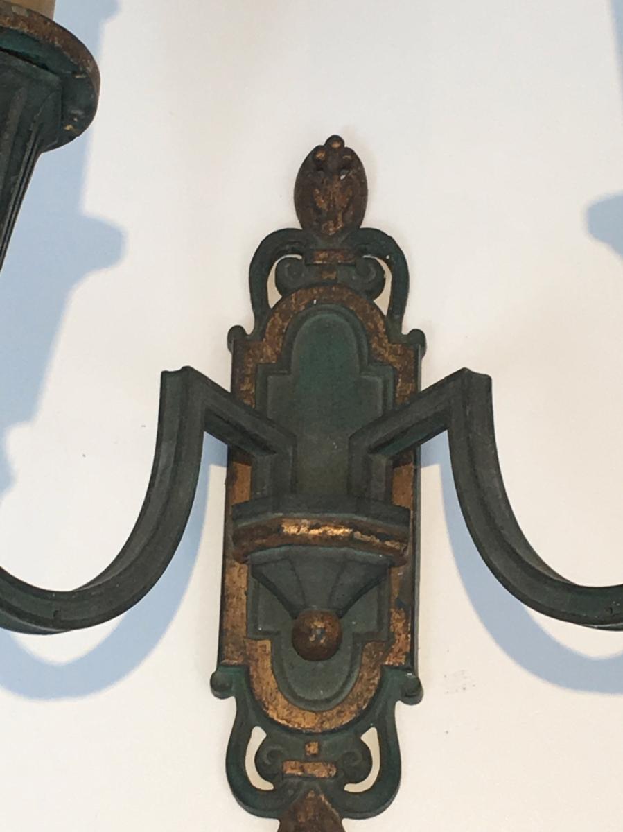 Interesting Pair Of Bronze Wall Lamps With Green And Gold Patina-photo-1