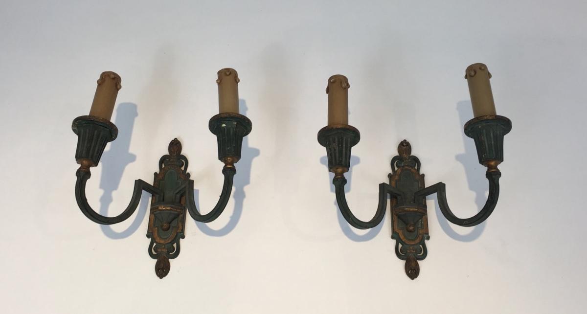 Interesting Pair Of Bronze Wall Lamps With Green And Gold Patina-photo-3