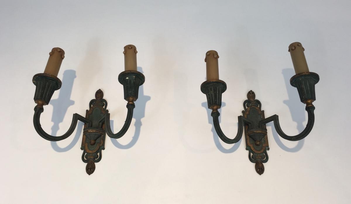 Interesting Pair Of Bronze Wall Lamps With Green And Gold Patina-photo-6