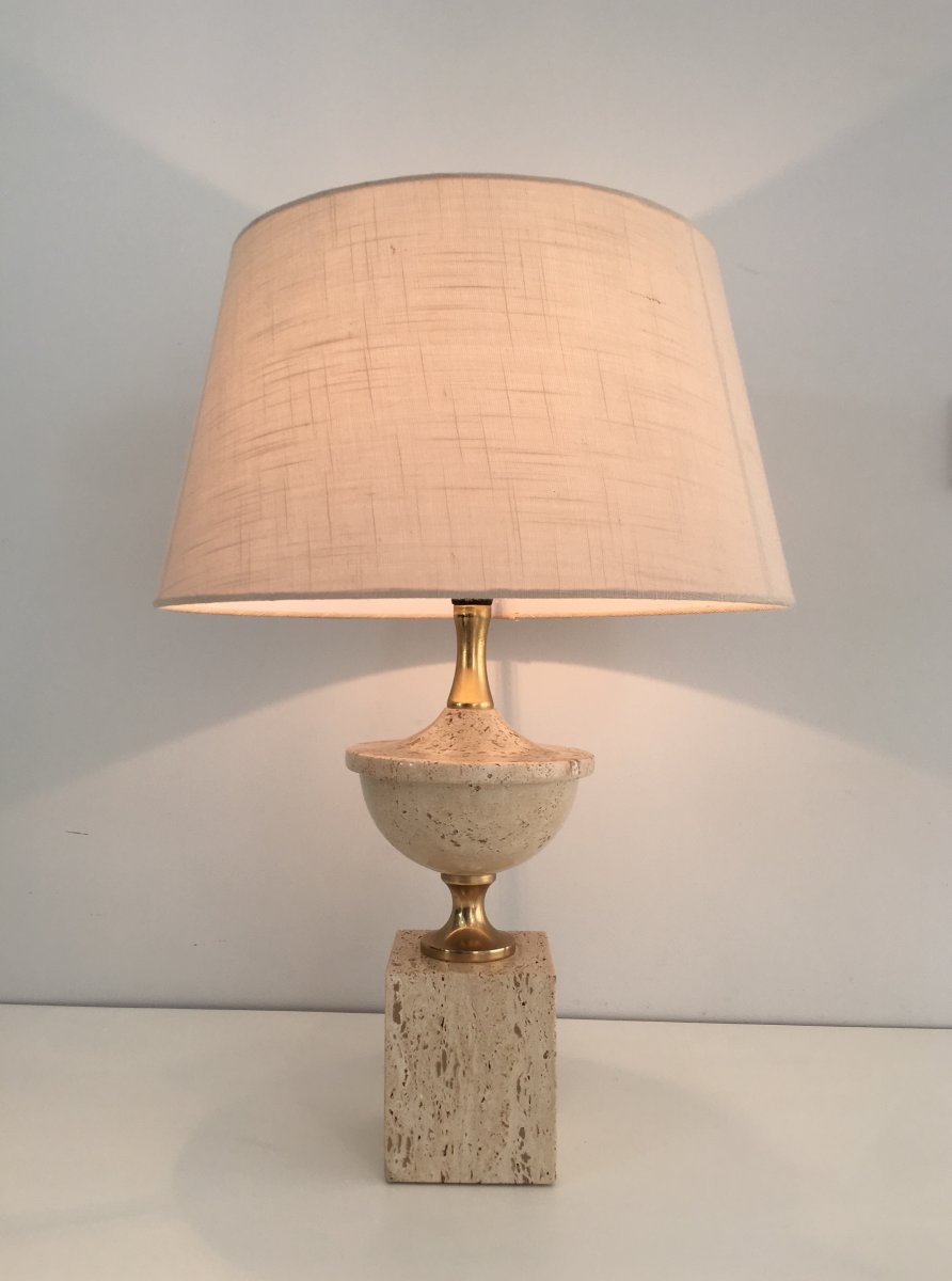 Travertine And Gilt Metal Baluster Table Lamp. French. Philippe Barbier. Circa 1970-photo-5