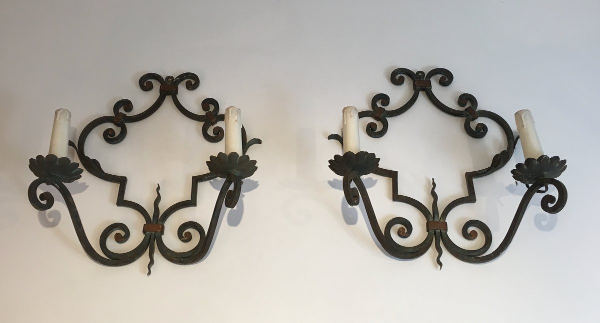 Pair Of Large Decorative Wrought Iron Wall Sconces. French. Circa 1950-photo-8