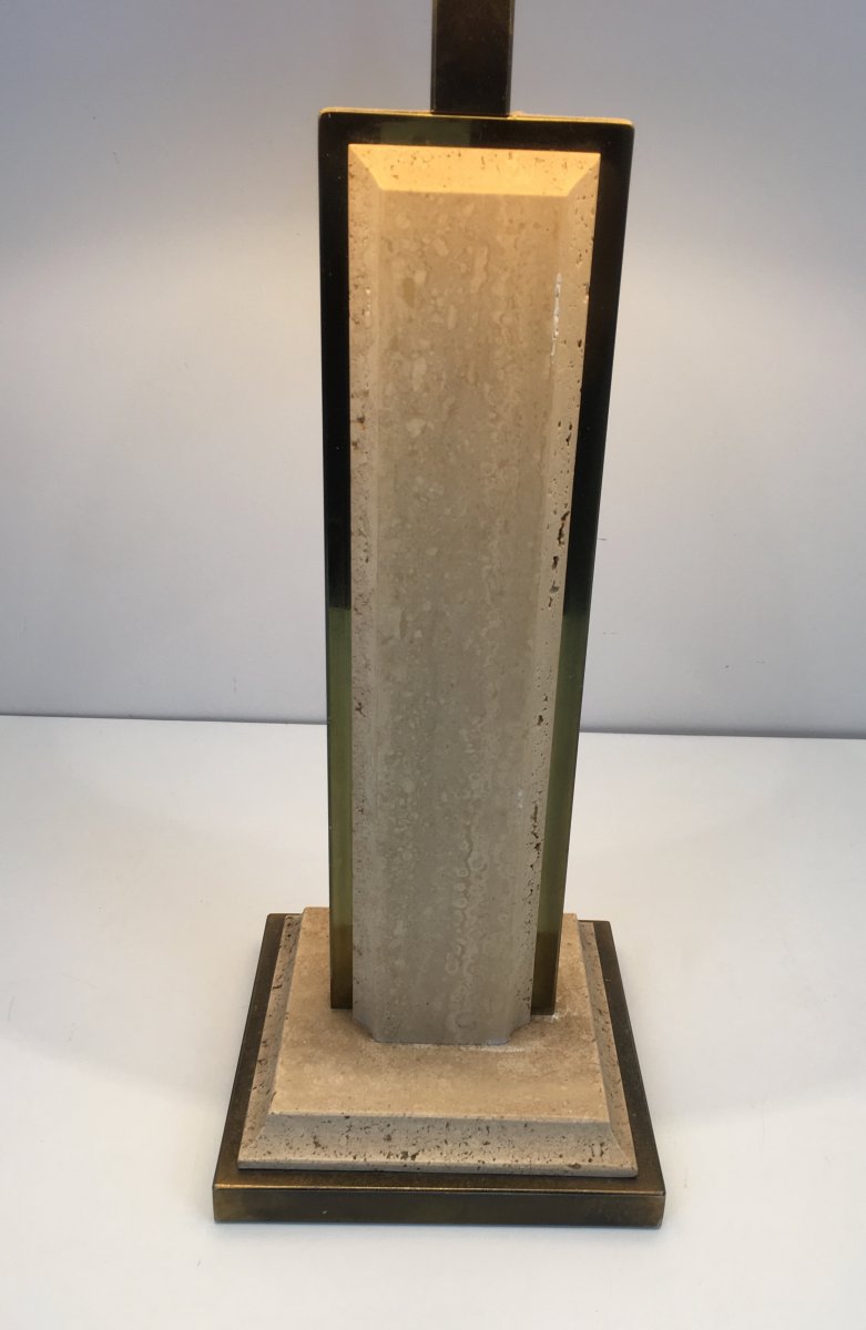 Travertine And Gilt Chrome Table Lamp. French. Circa 1970-photo-1