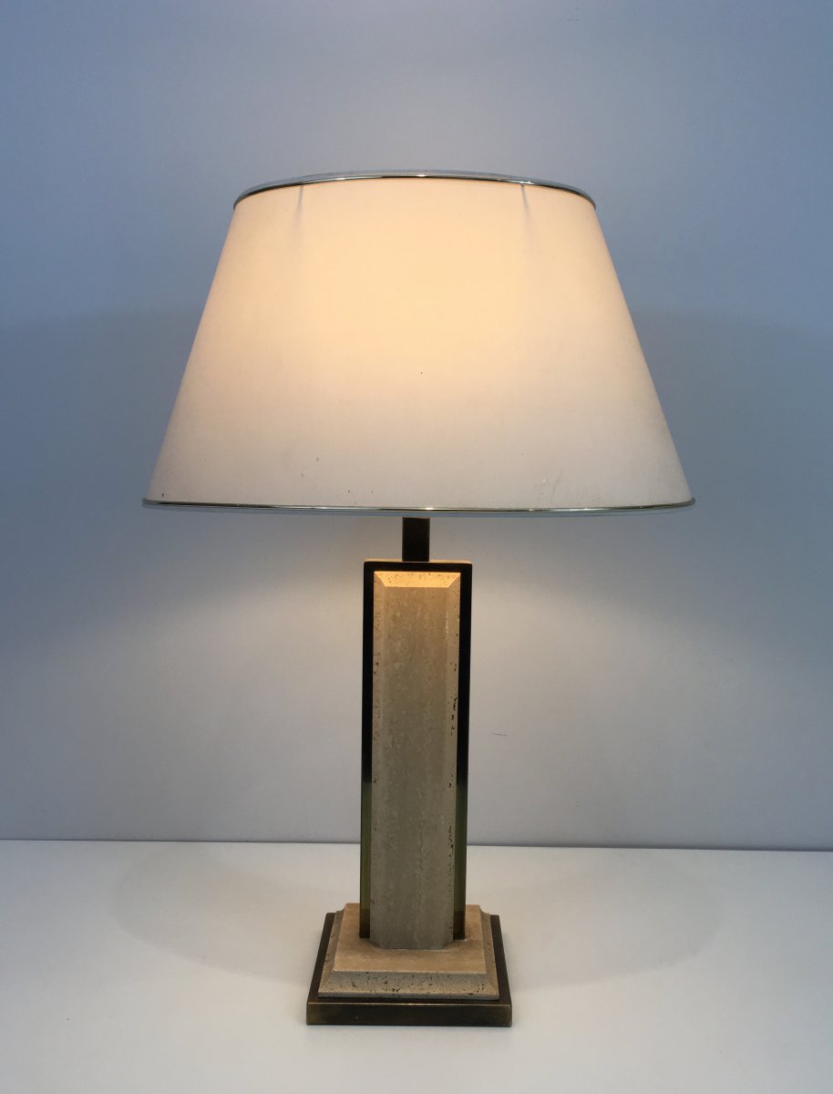 Travertine And Gilt Chrome Table Lamp. French. Circa 1970
