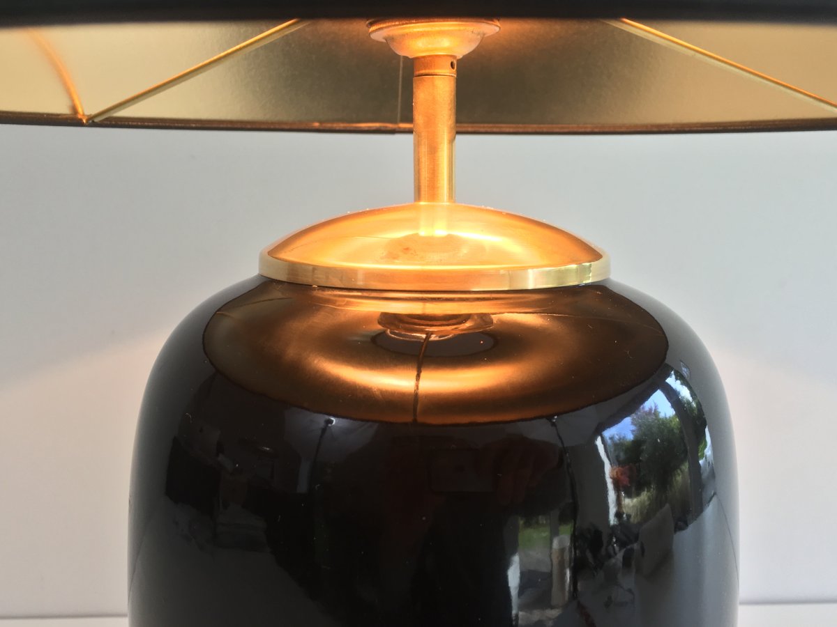 Black Lacquered Porcelain And Brass Table Lamp. French. Circa 1970-photo-4