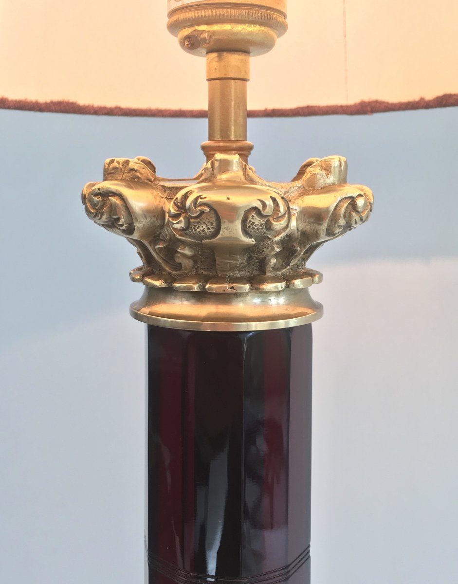 Attributed To Cristal & Bronze Paris. Tall Red Crystal And Chiseled Bronze Table Lamp. French. -photo-2