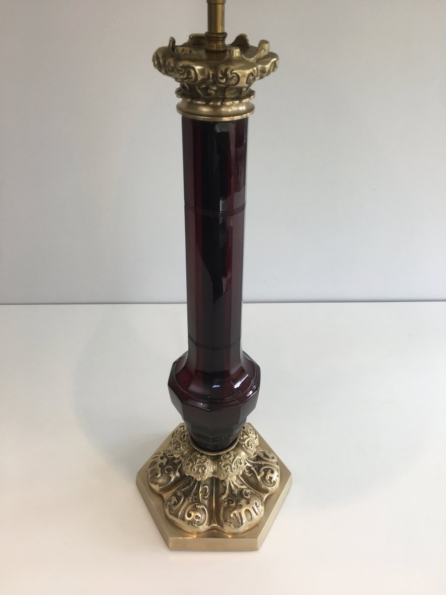 Attributed To Cristal & Bronze Paris. Tall Red Crystal And Chiseled Bronze Table Lamp. French. -photo-5