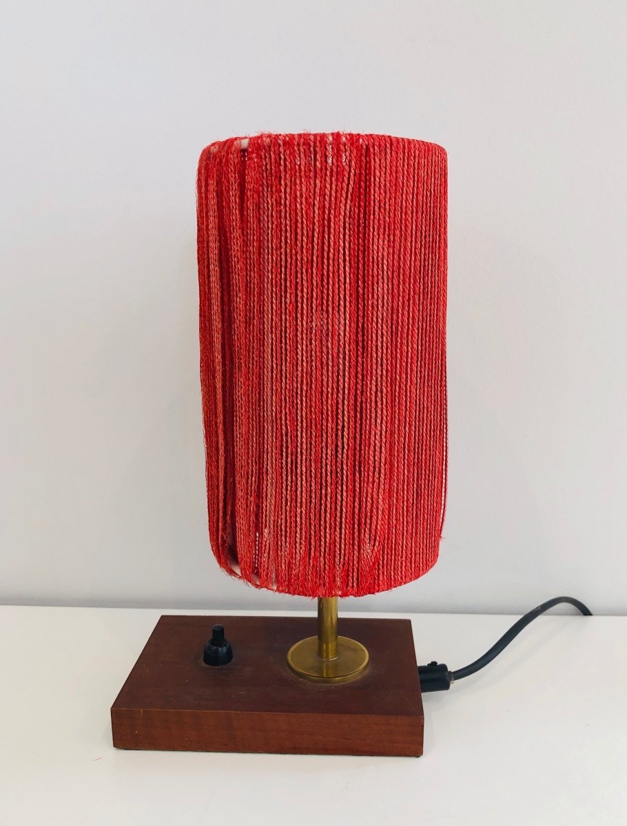 Small Wood, Brass And Wool Table Lamp. French. Circa 1950-photo-4