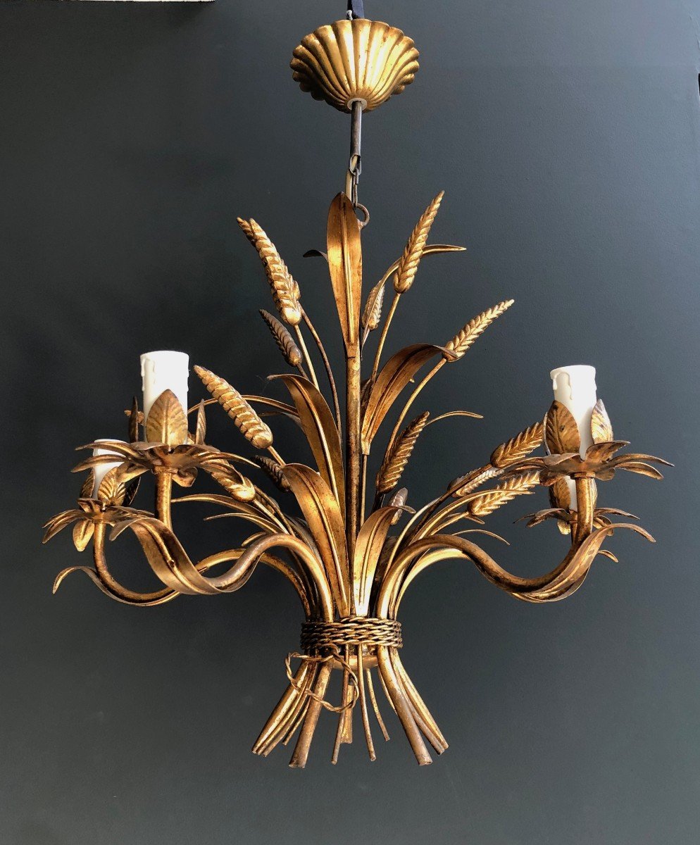 Coco Channel Wheat Gilt Metal Chandelier. French Work. Circa 1970-photo-4