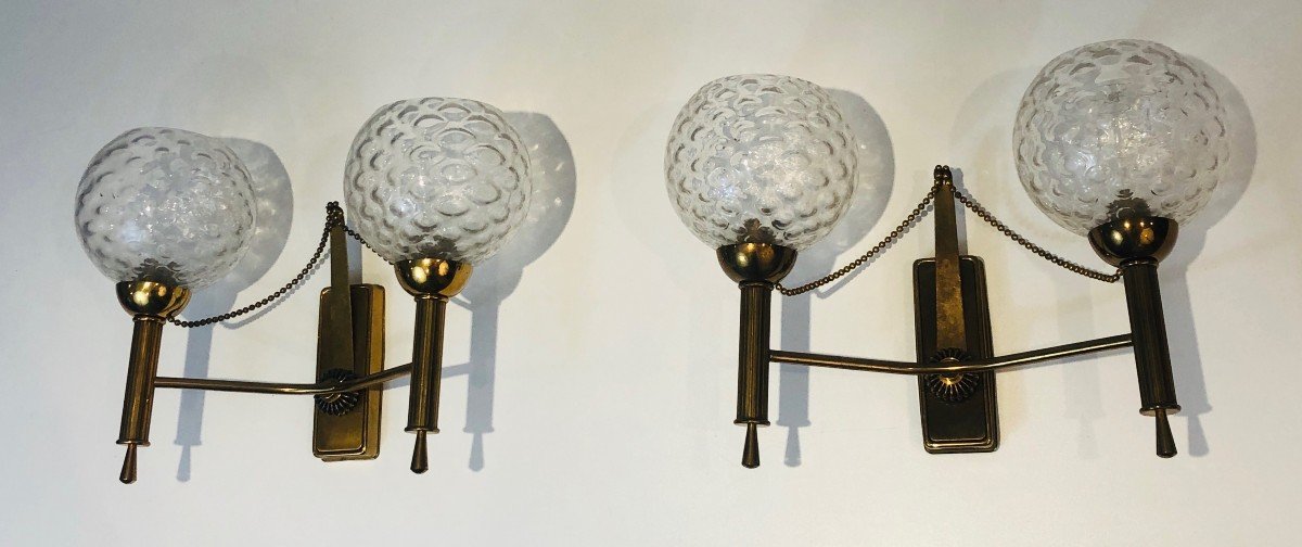 Pair Of Brass And Glass Bowls Wall Sconces. French Work. Circa 1970-photo-2