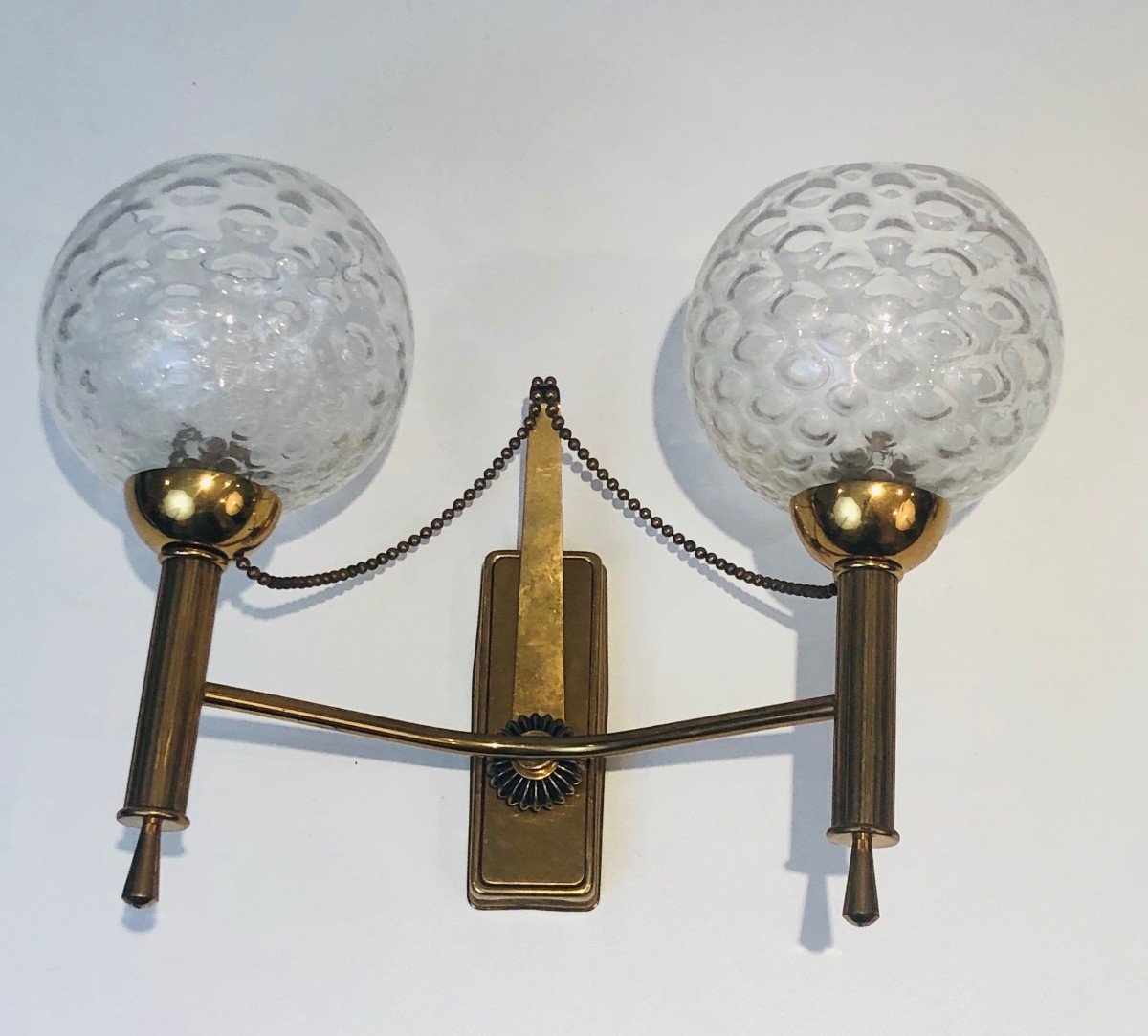 Pair Of Brass And Glass Bowls Wall Sconces. French Work. Circa 1970-photo-3