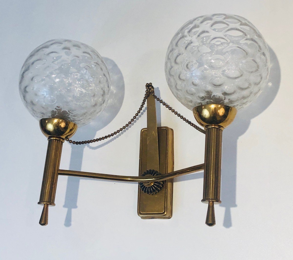 Pair Of Brass And Glass Bowls Wall Sconces. French Work. Circa 1970-photo-4