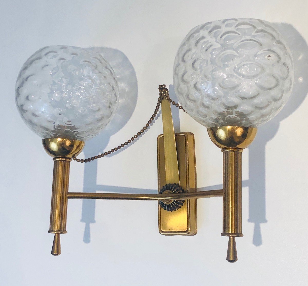 Pair Of Brass And Glass Bowls Wall Sconces. French Work. Circa 1970-photo-1