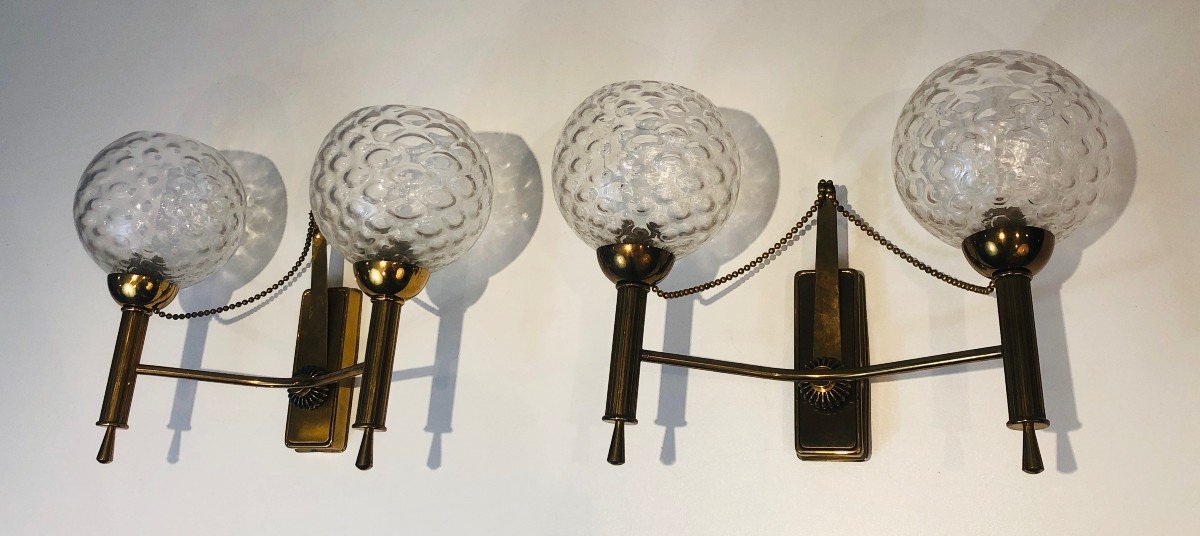 Pair Of Brass And Glass Bowls Wall Sconces. French Work. Circa 1970-photo-5