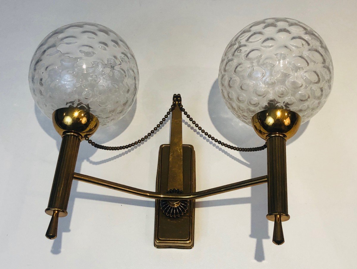 Pair Of Brass And Glass Bowls Wall Sconces. French Work. Circa 1970-photo-6