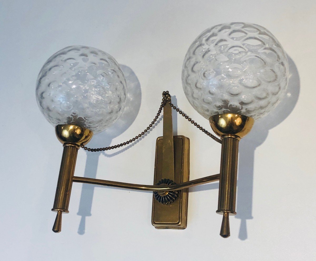 Pair Of Brass And Glass Bowls Wall Sconces. French Work. Circa 1970-photo-7