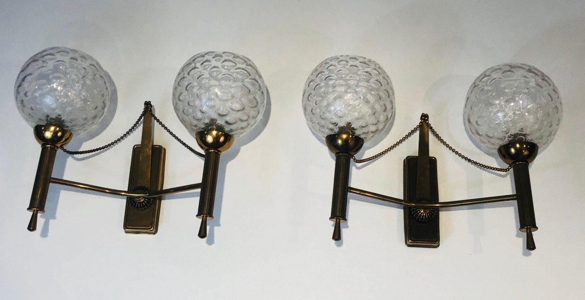 Pair Of Brass And Glass Bowls Wall Sconces. French Work. Circa 1970-photo-8