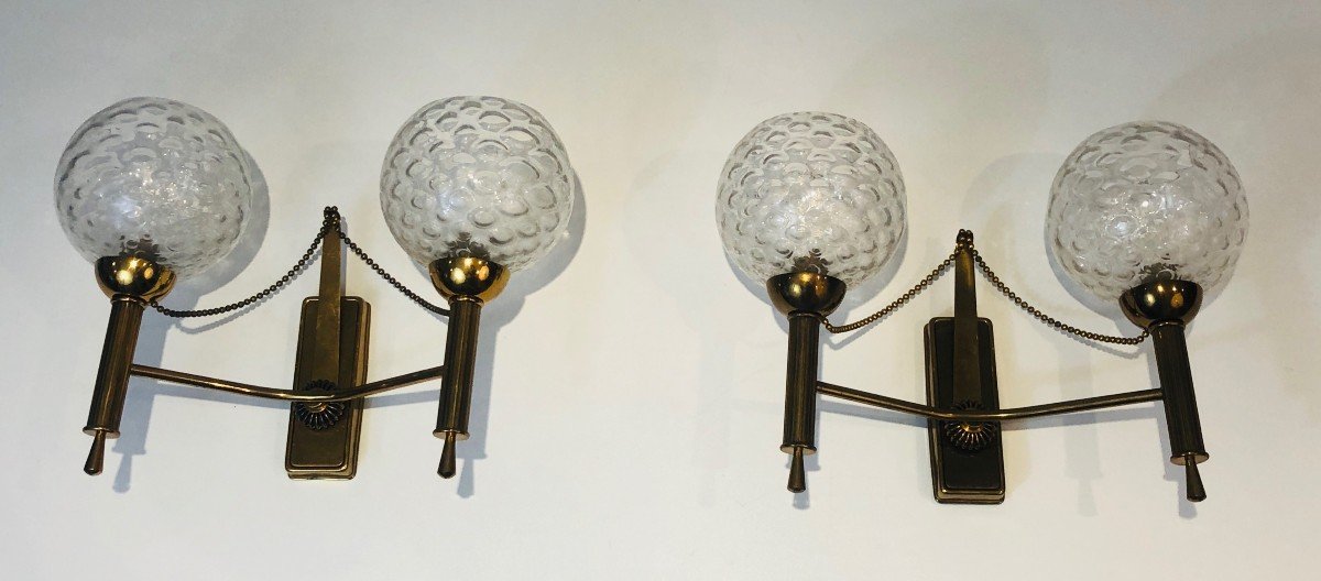 Pair Of Brass And Glass Bowls Wall Sconces. French Work. Circa 1970