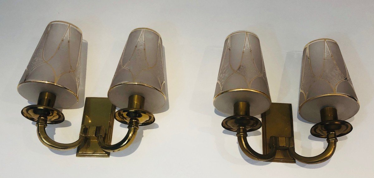 Pair Of Art Deco Brass Wall Lights. French Work In The Style Of Perzel. Circa 1930