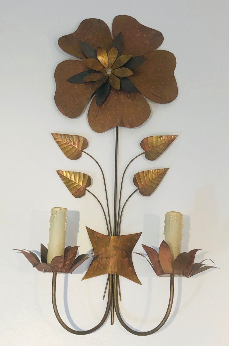 Important Pair Of Brass Flower Wall Lights. French Work. Circa 1970-photo-4