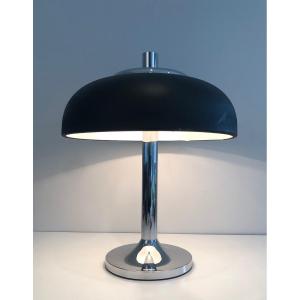 Importante Lampe Design En Chrome Et Abat-jour Rond En Métal Laqué Noir. Travail Français. 1950