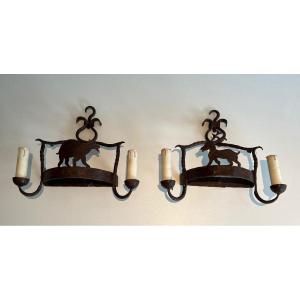 Pair Of Wrought Iron Wall Lights Showing Animals. French Work. Circa 1950
