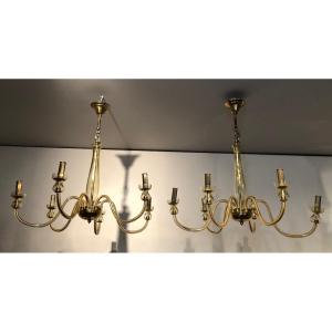 Pair Of Champagne Colored Murano Crystal Chandeliers. Italian Work. Around 1970