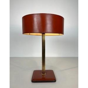Red Leather And Brass Desk Lamp. French Work In The Style Of Jacques Adnet. Circa 1970