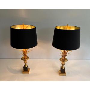 Pair Of Palm Tree Chrome And Brass Neoclassical Style Wall Lights In The Style Of Maison Charle