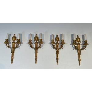 Set Of Four Bronze Wall Sconces. French Work In The Style Of Louis The 16th. Circa 1940