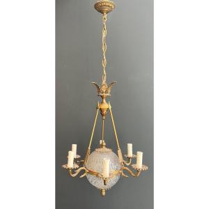 Empire Style Hot Air Balloon Chandelier In Bronze And Crystal Decorated With Arrows And Swan's 