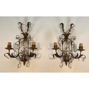 Pair Of Gilded Metal And Crystals Wall Sconces. French Work In The Style Of Maison Baguès