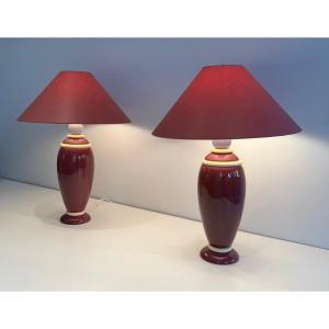 Pair Of Ceramic Lamps In Pink And Cream Tones. French Work. Around 1970