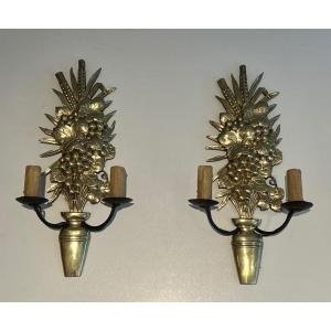 Pair Of Bronze And Wrought Iron Wall Sconces Representing A Fruit Bowl. French Work. Circa 1970