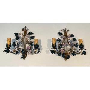 Pair Of Wall Lights Made Of Bronze, Patinated Metal And Porcelain Flowers. French Work. 