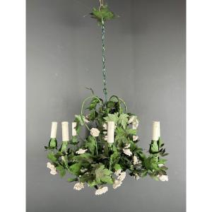 Important Foliage Chandelier In Painted Sheet Metal And Porcelain Ffowers With 8 Arms