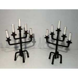 Pair Of 5 Arms Patinated And Gilt Wrought Iron Candelabras. French Work. Circa 1940