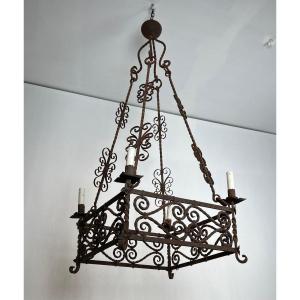 Wrought Iron Chandelier With 8 Arms. French Work In The Gothic Style. Circa 1950