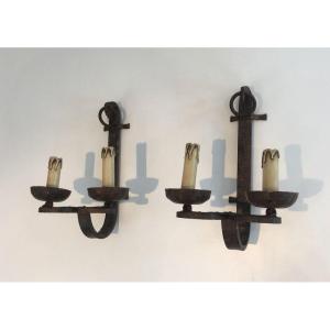 Pair Of Wrought Iron Wall Sconces. French Work. Circa 1950