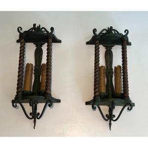 Pair Of Wrought Iron Wall Lanterns Patinated In A Green Color And Gilded. French Work. 