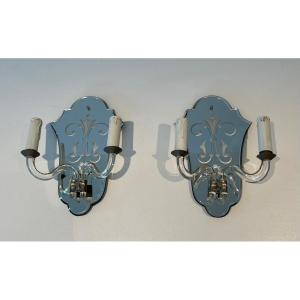 Pair Of Wall Lights Made Of Murano Crystal And Silver Plated Metal. Italian Work. Circa 1940