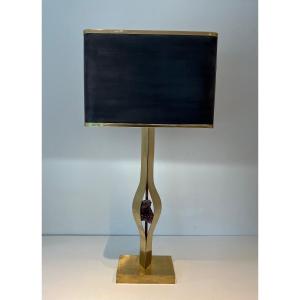 Important Sculptural Brass Lamp Made From An Amethyst. Belgian Work By Willy Daro. Around 1970