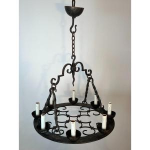 Round Wrought Iron Chandelier With 8 Lights. French Work In The Gothic Style. Circa 1950