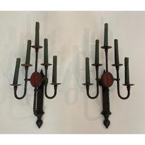 Large Pair Of Wrought Iron Wall Lights With 5 Arms Comprising Coat Of Arms In Its Center