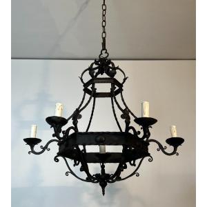 Wrought Iron Cage Chandelier With 7 Lights. French Work In The Gothic Style. Circa 1950