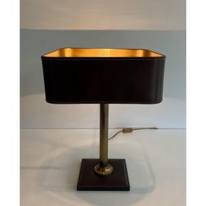 Brown Leather And Brass Desk Lamp. French Work In The Style Of Jacques Adnet. Circa 1970