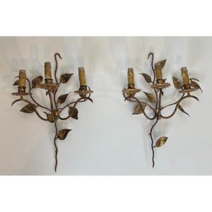 Pair Of 3 Lights Gilt Metal Wall Sconces With Leaves. French Work. Circa 1970